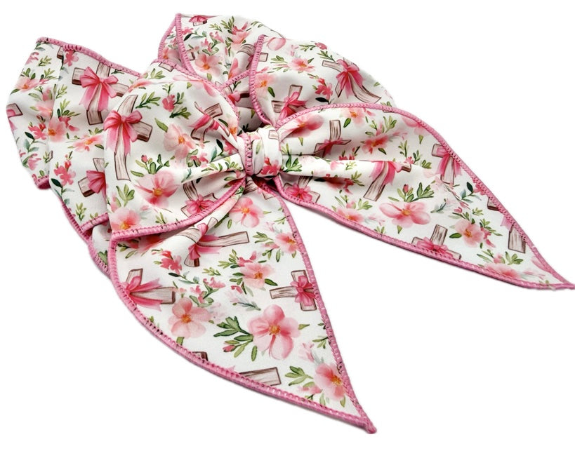 Girls Floral Cross Easter Large Hair Bow