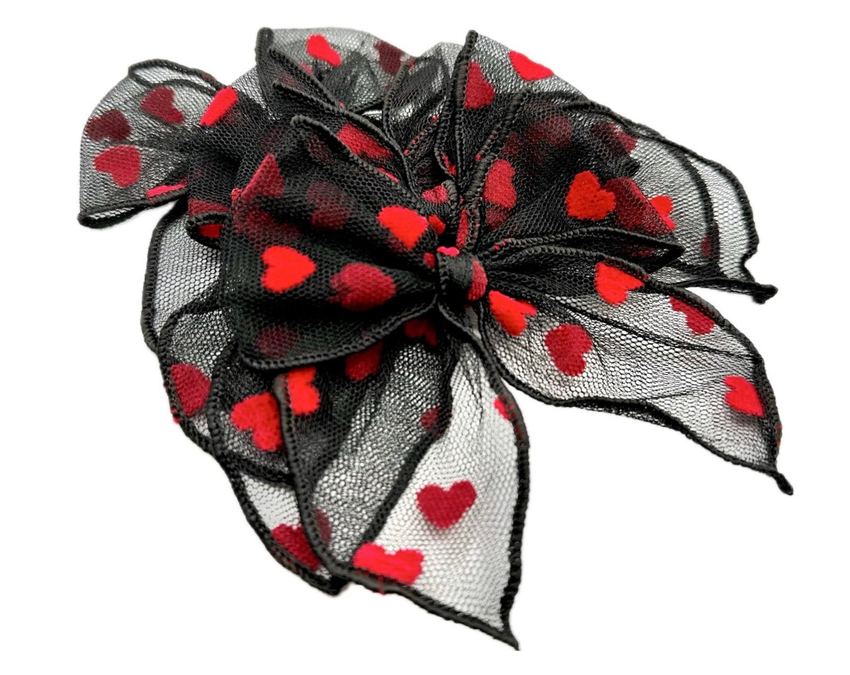 Girls Black Tulle Heart Hair Bow