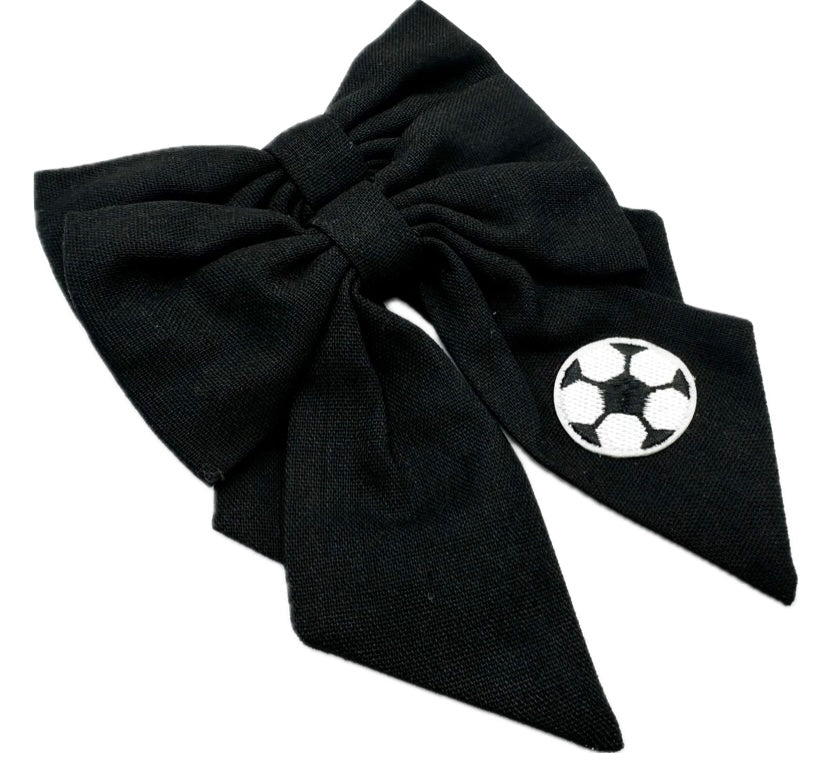 Black embroidered soccer Hair Bow