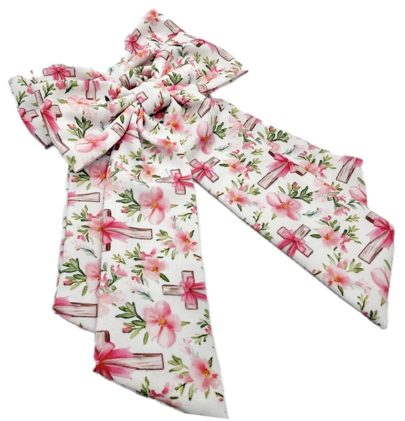 Girls Floral Cross Long Tailed Hair Bow