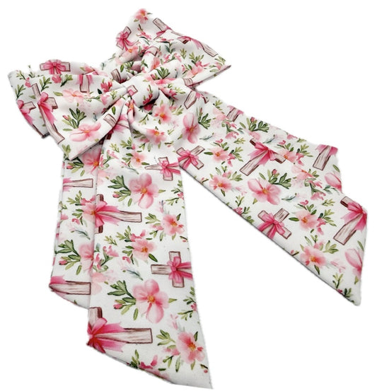 Girls Floral Cross Long Tailed Hair Bow