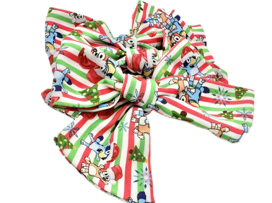 Girls Blue Dog Striped Christmas Hair Bow Small